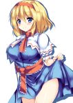  1girl alice_margatroid bangs belt blonde_hair blue_dress blue_eyes blush breasts capelet closed_mouth commentary_request dress eyes_visible_through_hair fingernails frills hair_between_eyes hairband hand_up large_breasts long_fingernails looking_at_viewer necktie puffy_short_sleeves puffy_sleeves red_belt red_hairband red_necktie ryokushiki_(midori-ya) shirt short_hair short_sleeves smile solo thighs touhou white_capelet white_shirt 