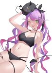  1girl ;d bangs bibi_(tokoyami_towa) bikini black_bikini blush breasts choker cleavage green_eyes hair_ornament hairclip highres hololive jmao looking_at_viewer navel navel_piercing one_eye_closed piercing purple_hair simple_background smile solo swimsuit tattoo teeth tokoyami_towa virtual_youtuber white_background 