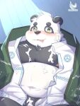  2022 anthro belly black_body black_nose blush bodily_fluids cum cum_on_belly cum_on_body cum_on_chest cum_on_face cum_on_penis genital_fluids genitals giant_panda green_eyes hi_res kemono male mammal moobs navel nipples noichi_53 overweight overweight_male penis solo tongue tongue_out ursid white_body 