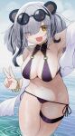  1girl animal_ears arknights arm_up bangs bare_shoulders bikini blush bracelet breasts cleavage eyes_visible_through_hair eyewear_on_head fang feater_(arknights) grey_hair hair_over_one_eye hand_up highres izuoku jewelry long_hair looking_at_viewer medium_breasts multicolored_hair navel o-ring o-ring_bikini o-ring_top one_eye_closed open_mouth outstretched_arm panda_ears purple_bikini shawl side-tie_bikini skin_fang smile solo streaked_hair sunglasses swimsuit thigh_strap twintails v wading wet wet_hair yellow_eyes 