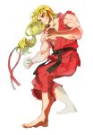  1boy barefoot belt blonde_hair brown_eyes collarbone commentary_request dougi eyelashes fighting_stance full_body hair_ribbon ken_masters long_eyelashes long_hair low-tied_long_hair male_focus muscular muscular_male ribbon sleeveless smile solo street_fighter street_fighter_zero_(series) tanakalma 