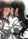  2girls absurdres arisugawa_bii bangs black_hair blurry blurry_foreground blush brown_eyes brown_hair closed_mouth depth_of_field eye_contact film_grain highres long_hair looking_at_another multiple_girls original sailor_collar school_uniform serafuku sidelocks yuri 