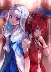  2girls :d ange_katrina bangs black_bow blue_bow blue_dress blue_eyes blue_hair blunt_bangs blurry blurry_background blush bow bridal_gauntlets cloak commentary_request depth_of_field dress fur-trimmed_cloak fur_trim gloves hair_bow hair_intakes hand_up headpiece highres lize_helesta looking_at_viewer looking_to_the_side makihitsuji multicolored_hair multiple_girls nijisanji open_mouth purple_eyes red_dress red_hair revision see-through sleeveless sleeveless_dress smile two-tone_hair virtual_youtuber white_cloak white_gloves white_hair 
