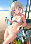  1girl :/ absurdres bangs beach bikini blue_eyes blue_sky blush bottle breasts cleavage closed_mouth collarbone cowboy_shot drink elbow_rest front-tie_top hair_ornament halterneck highres holding holding_bottle holding_drink leaning_on_object looking_at_viewer medium_breasts medium_hair navel ocean original outdoors ramune refrigerator sand side-tie_bikini sidelocks sky standing stomach swept_bangs swimsuit thighs white_hair x_hair_ornament yoko-ya_manjirou 