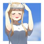  1girl arms_up blonde_hair blue_sky blush border bottle closed_eyes commentary_request highres k-on! kicchi_(tmgk) kotobuki_tsumugi long_hair open_mouth shirt short_sleeves sky solo sweat thick_eyebrows upper_body water_bottle white_border white_shirt 