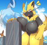  2020 absurd_res anthro anthrofied blue_body brown_body brown_fur building city cloud eevee female fur hi_res kify larger_female legendary_pok&eacute;mon lugia male nintendo open_mouth pok&eacute;mon pok&eacute;mon_(species) size_difference size_play sky skyscraper smaller_male totodile video_games yellow_body yellow_fur zoroark 