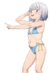  1girl arm_up bangs bikini blue_bikini blunt_bangs blush character_request commentary_request fox_shadow_puppet grey_hair highres looking_to_the_side mole mole_under_eye nannaru_(nananana) navel open_mouth outstretched_arm short_hair simple_background smile solo standing swimsuit teeth upper_teeth wet white_background 