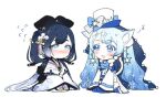  2girls :d animal_ear_fluff animal_ears ascot bangs beads black_hair blue_ascot blue_eyes blue_hair blue_legwear blush bow cat_ears cat_girl cat_tail chibi dress dual_persona earrings eknow flying_sweatdrops full_body gradient_clothes gradient_hair hair_ornament hair_ribbon hair_rings hair_stick happy hat hat_bow hatsune_miku humming japanese_clothes jewelry kemonomimi_mode kimono long_hair long_sleeves looking_at_another multicolored_hair multiple_girls musical_note nervous no_mouth pantyhose pom_pom_(clothes) pom_pom_earrings pom_pom_hair_ornament ribbon ribbon-trimmed_sleeves ribbon_trim seiza shoes sitting sleeves_past_fingers sleeves_past_wrists smile snowflake_print streaked_hair swept_bangs tail tassel tassel_hair_ornament top_hat twintails veil very_long_hair vocaloid white_background white_dress white_footwear white_hair white_headwear white_kimono wide_sleeves yuki_miku 