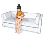  1girl bangs bare_legs barefoot black_hair black_panties commentary_request couch cropped_sweater facial_mark full_body highres long_hair long_sleeves no_pants noyemik on_couch orange_eyes orange_sweater original panties panty_pull ponytail pulled_by_self simple_background sitting solo sweater toes tongue tongue_out underwear whisker_markings white_background 
