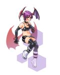  1girl black_bra black_choker black_gloves black_legwear black_skirt boots bra breasts choker commentary cosplay disgaea earrings elbow_gloves etna etna_(cosplay) gloves head_wings hexagon highres jewelry lilith_aensland looking_at_viewer low_wings makai_senki_disgaea midriff miniskirt navel noyemik parted_lips purple_hair red_eyes short_hair simple_background skirt small_breasts solo thighhighs underwear vampire_(game) white_background white_footwear wings 