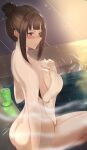  1girl alternate_hairstyle ass bangs blunt_bangs blush breasts brown_eyes brown_hair cleavage from_side girls_und_panzer hair_bun highres large_breasts mamaa_(maeni6379) naked_towel nishizumi_shiho partially_submerged sidelocks sitting solo towel white_towel 