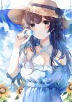  1girl bangs blue_dress blue_hair blue_sky blush breasts brown_eyes cloud commentary dress english_commentary flower frilled_dress frills halter_dress halterneck hat highres long_hair looking_at_viewer medium_breasts namamake original sky solo standing straw_hat summer sunflower 