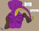  &lt;3 anthro athletic big_butt body_writing brown_body brown_fur butt chris_monty clubbed_tail dragon duo english_text fan_character fingers fur hand_on_butt hooved_fingers hooves inhliziyo_yegolide male mammal marker profanity purple_body purple_scales reptile scales scalie sebastian_yegolide signature simple_background simple_coloring solo_focus speech_bubble suid suina text vein warthog weapon_tail writing_utensil yellow_body yellow_scales 