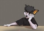  2022 5_fingers anthro black_body black_fur black_hair canid canine canis clothed clothing collar digital_media_(artwork) domestic_dog fingers fur hair koul male mammal solo yelloweyes 