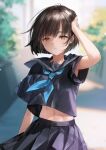  1girl arm_up armpit_peek bangs black_sailor_collar black_serafuku black_shirt black_skirt blue_neckerchief brown_eyes brown_hair commentary_request highres looking_at_viewer midriff_peek mole_on_stomach navel neckerchief nima_(niru54) original outdoors pleated_skirt sailor_collar school_uniform serafuku shirt short_hair short_sleeves skirt solo 