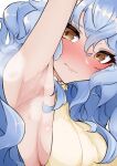  1girl absurdres animal_ears arm_up armpits bangs blue_hair blush breasts brown_eyes closed_mouth embarrassed erune eyelashes ferry_(granblue_fantasy) from_side granblue_fantasy hair_between_eyes highres inuinuo_gataken long_hair looking_at_viewer medium_breasts presenting_armpit sideboob solo steam steaming_body sweat sweatdrop sweater turtleneck turtleneck_sweater upper_body 
