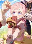  3boys ? arrow_(symbol) bangs blue_eyes blush candy cherry cloud commentary_request day food fruit gloves grass hat hat_removed headwear_removed highres holding kirby kirby_(series) knees lollipop male_focus mouth_hold multiple_boys outdoors personification pink_hair pink_shorts red_gloves sanagkb shoes short_hair shorts single_glove sitting sky socks spoken_question_mark tomato trembling 