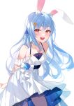  1girl :d absurdres animal_ear_fluff animal_ears arms_behind_back bangs bare_shoulders blue_hair blue_ribbon blush breasts carrot_hair_ornament cowboy_shot dress extra_ears food-themed_hair_ornament hair_ornament hair_ribbon heiyan_shenshi highres holding_own_arm hololive leaning_forward long_hair looking_at_viewer medium_breasts rabbit_ears red_eyes ribbon simple_background smile solo thick_eyebrows usada_pekora very_long_hair virtual_youtuber white_background white_dress 