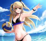  1girl armpits beach bikini blonde_hair breasts eyepatch fischl_(genshin_impact) genshin_impact green_eyes hair_between_eyes long_hair looking_at_viewer medium_breasts navel ocean s_redbutterfly smile stomach swimsuit twintails two_side_up volleyball 
