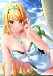  1girl absurdres bangs blonde_hair breasts chest_jewel earrings gem headpiece highres jewelry large_breasts long_hair mythra_(radiant_beach)_(xenoblade) mythra_(xenoblade) one-piece_swimsuit ribbed_swimsuit slope_(check238) strapless strapless_swimsuit striped striped_swimsuit swept_bangs swimsuit tiara two-tone_swimsuit vertical-striped_swimsuit vertical_stripes very_long_hair white_swimsuit xenoblade_chronicles_(series) xenoblade_chronicles_2 