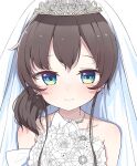  1girl absurdres bangs bare_shoulders blue_eyes blush bouquet bridal_veil bride brown_hair closed_mouth collarbone commentary earrings flower flower_earrings highres hololive jewelry long_hair looking_at_viewer natsuiro_matsuri okota_mikan rose simple_background smile solo tiara unfinished upper_body veil virtual_youtuber white_background 