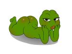  2017 amphibian anthro big_butt black_eyes blush boy&#039;s_club butt eyelashes frog girly glistening glistening_butt green_body green_skin hairless head_in_hands lips lying male meme on_front pepe_the_frog simple_background solo sqoon thick_lips 