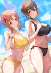  2girls alternate_costume beach bikini black_bikini breasts brown_eyes brown_hair clenched_hand commentary flower girls_und_panzer hair_between_eyes hair_flower hair_ornament head_tilt highres large_breasts lens_flare looking_at_viewer mamaa_(maeni6379) multiple_girls navel nishizumi_maho nishizumi_miho ocean short_hair smile summer swimsuit yellow_bikini 