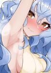  1girl absurdres animal_ears arm_up armpits bangs blue_hair blush breasts brown_eyes closed_mouth embarrassed erune eyelashes ferry_(granblue_fantasy) from_side granblue_fantasy hair_between_eyes highres inuinuo_gataken long_hair looking_at_viewer medium_breasts presenting_armpit sideboob solo steam steaming_body sweater turtleneck turtleneck_sweater upper_body 
