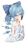  1girl @_@ absurdres alternate_costume blue_bow blue_eyes blue_hair bow cirno collarbone detached_wings dress fairy hair_bow highres ice ice_wings looking_at_viewer short_hair simple_background solo touhou tsune_(tune) white_background white_dress wings 
