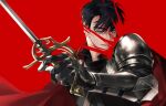  1boy armor asae_(1313604a) black_hair blood blue_eyes cape hair_between_eyes highres holding holding_sword holding_weapon looking_at_viewer male_focus original parted_lips pauldrons red_background red_cape shoulder_armor simple_background smile solo sword vambraces weapon 