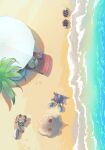  animal_focus beach_umbrella bird closed_eyes commentary_request crabrawler drifloon footprints from_above mokukitusui no_humans owl pokemon pokemon_(creature) pyukumuku rockruff rowlet sand sandygast shore umbrella water 