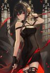  1girl bangs bare_shoulders black_dress black_gloves black_hair black_legwear blood breasts cleavage dagger dress eisuto fingerless_gloves gloves gold_hairband hair_ornament highres knife large_breasts long_hair looking_at_viewer red_eyes sidelocks solo spy_x_family thighhighs thighs weapon yor_briar 