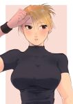  1girl bangs black_shirt blonde_hair breasts brown_eyes earrings eyelashes fullmetal_alchemist hand_up jellymlk jewelry large_breasts looking_away outside_border parted_lips riza_hawkeye shirt short_sleeves sideways_glance skin_tight solo sweat tight tight_shirt turtleneck updo upper_body wiping_face wiping_sweat wristband 