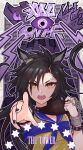  1girl absurdres air_shakur_(umamusume) animal_ears bangs binary black_hair black_nails blue_sailor_collar chain commentary_request discharge_mochi eyebrow_piercing eyes_visible_through_hair hair_over_one_eye highres horse_ears long_hair looking_at_viewer nail_polish open_mouth piercing romaji_text roman_numeral sailor_collar sharp_teeth shirt solo tarot teeth the_tower_(tarot) thick_eyebrows umamusume yellow_shirt 