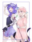  2girls absurdly_long_hair ahoge ball bangs blonde_hair blue_eyes blue_hair border bow braid collared_dress dana86 detached_sleeves dragon_arm dragon_girl dragon_tail dress enna_alouette fangs flower gloves golf golf_ball golf_club hair_flower hair_ornament hairclip hat head_wings heterochromia highres long_hair looking_at_viewer looking_to_the_side low_twintails medium_hair multicolored_hair multiple_girls nijisanji nijisanji_en pink_dress pink_headwear pointy_ears purple_bow purple_eyes purple_hair purple_headwear purple_shirt purple_skirt purple_wings selen_tatsuki sheep shirt short_sleeves single_glove single_sleeve skirt sleeveless speech_bubble sun_hat sweat tail tank_top twin_braids twintails very_long_hair virtual_youtuber visor_cap white_background white_flower white_gloves white_tank_top wings 