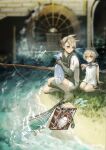  1boy 1girl absurdres book closed_mouth fish fishing_rod gloves grass grimoire_weiss highres nier nier_(series) nier_(young) short_hair siblings smile tsuzuri_(nan) water white_hair yonah 