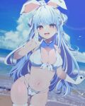  1girl absurdres amadeus_(amadeus0903) animal_ear_fluff animal_ears bangs bikini blue_hair blush bow bowtie breasts bunny-shaped_pupils cleavage gloves hair_ornament highres hololive large_breasts long_hair looking_at_viewer multicolored_hair navel open_mouth orange_eyes rabbit_ears rabbit_girl smile solo swimsuit symbol-shaped_pupils thick_eyebrows thick_thighs thighhighs thighs two-tone_hair usada_pekora virtual_youtuber white_hair 