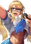 1girl abs blonde_hair blue_eyes breasts glasses hinoru_saikusa large_breasts long_hair looking_to_the_side microphone midriff muscular muscular_female necktie official_alternate_costume rainbow_mika school_uniform serafuku skirt smile solo street_fighter street_fighter_v twintails underboob white_background 
