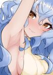  1girl absurdres animal_ears arm_up armpits bangs blue_hair blush breasts brown_eyes closed_mouth embarrassed erune eyelashes ferry_(granblue_fantasy) from_side granblue_fantasy hair_between_eyes highres inuinuo_gataken long_hair looking_at_viewer medium_breasts presenting_armpit sideboob solo sweater turtleneck turtleneck_sweater upper_body 