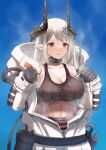  1girl arknights bangs bare_shoulders black_bra black_gloves blush bodysuit bra breasts cleavage earrings gloves horns jewelry long_hair mudrock_(arknights) navel open_mouth oripathy_lesion_(arknights) pointy_ears red_eyes solo sports_bra underwear white_hair yuzuruka_(bougainvillea) 