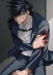  1boy bangs belt black_hair bleeding blood blood_on_clothes blood_on_hands blue_jacket blue_pants chest_harness closed_mouth cuts dress_shirt formal fushiguro_megumi fushirun_rung green_eyes hair_over_one_eye hand_on_own_arm harness highres injury jacket jujutsu_kaisen korean_commentary long_sleeves looking_at_viewer male_focus pants shirt short_hair sitting solo spiked_hair white_shirt 