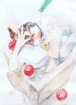  1girl absurdres aosama_(aosma) apple bangs black_hair blush bottle drink drinking food from_above fruit grey_pants highres holding looking_at_viewer original overflowing painting_(medium) pants partially_submerged red_eyes shirt short_hair short_sleeves solo traditional_media watercolor_(medium) white_shirt 