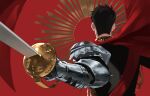  1boy armor asae_(1313604a) back black_hair cape gauntlets highres holding holding_sword holding_weapon male_focus original pauldrons red_background red_cape shoulder_armor simple_background solo sword upper_body weapon 