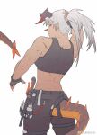  1girl arknights back dragon_horns dragon_tail earrings highres horns jewelry ju_neng_binggui long_hair muscular muscular_female saria_(arknights) scar scar_on_back solo sports_bra tail tail_through_clothes weibo_logo weibo_username 
