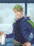  1boy absurdres achilles_(fate) black_shirt fate/grand_order fate_(series) green_hair grin hand_on_hip headband highres holding holding_towel hood hood_down hooded_jacket jacket looking_at_viewer male_focus rain shirt short_hair smile solo tight tight_shirt towel track_jacket wet yaosan233 yellow_eyes 