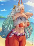  beach bikini bikini_under_clothes breasts clothes_lift cloud cloudy_sky cowboy_shot ecchisage gradient_hair green_hair hakama hakama_pants highres hip_vent horns japanese_clothes large_breasts lips long_hair midriff multicolored_hair navel ocean one_piece orange_eyes pants patreon_username red_bikini shirt_lift sky swimsuit thick_thighs thighs twitter_username undressing very_long_hair white_hair wide_hips yamato_(one_piece) 