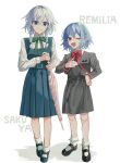  2girls ;d absurdres alternate_costume bangs blue_eyes blue_hair blush character_name closed_mouth fang full_body grey_hair highres izayoi_sakuya multiple_girls one_eye_closed open_mouth pointy_ears red_eyes red_nails remilia_scarlet simple_background skin_fang smile socks standing touhou white_background white_legwear yanfei_u 