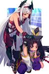  2girls animal_ears armor armored_dress asymmetrical_sleeves bangs bare_shoulders black_gloves black_hair blue_eyes blue_panties blush breast_curtains breasts cleavage cleavage_cutout clothing_cutout detached_sleeves dog_ears dress echo_(circa) fate/grand_order fate_(series) feather_hair_ornament feathers gloves hair_bun hair_ornament horns japanese_armor kiichi_hougen_(fate) large_breasts long_hair medium_breasts mismatched_sleeves multiple_girls open_mouth orange_eyes panties parted_bangs petting pointy_ears red_armor side_ponytail sidelocks single_side_bun smile squatting tassel thighs underwear ushiwakamaru_(fate) very_long_hair white_dress white_hair wide_sleeves 