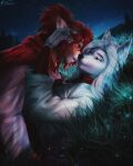  2022 alenkavoxis anthro canid canine clothed clothing detailed_background digital_media_(artwork) duo eyebrows eyelashes female grass hair hi_res male mammal night outside plant red_eyes red_hair sky smile star starry_sky 