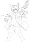  1boy absurdres ahoge animal_ears bishounen character_request copyright_request cowboy_shot gun hand_up highres jacket male_focus mixivsky monochrome shorts simple_background sketch socks solo virtual_youtuber weapon white_background 